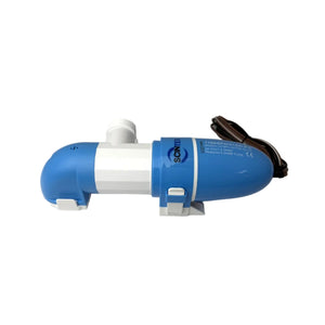 The Scintex Horizontal Bilge Pump 70 LPM Automatic Level Sensing is a blue and white, compact, cylindrical device with attached wires and a label, displayed horizontally against a white background.