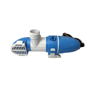A Scintex Horizontal Bilge Pump 70 LPM Automatic Level Sensing, blue and white with a cylindrical body, grated intake, upward-facing pipe outlet, power cord, and product label on the side.