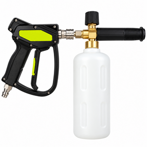 A Paddock™ 5000 PSI Brass Jetting Trigger Gun for a pressure washer with an attached white soap foaming canister.