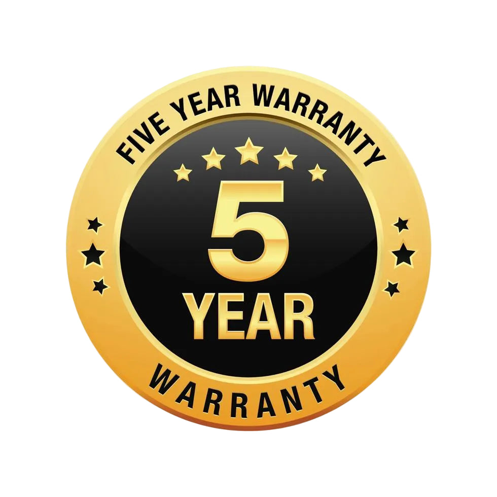 Five year warranty badge with gold and black design on a white background