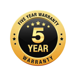 Five year warranty badge with gold and black design on a white background