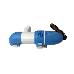 A Scintex Horizontal Bilge Pump 70 LPM Automatic Level Sensing is shown on a white background, featuring a blue and white design with an attached power cord.