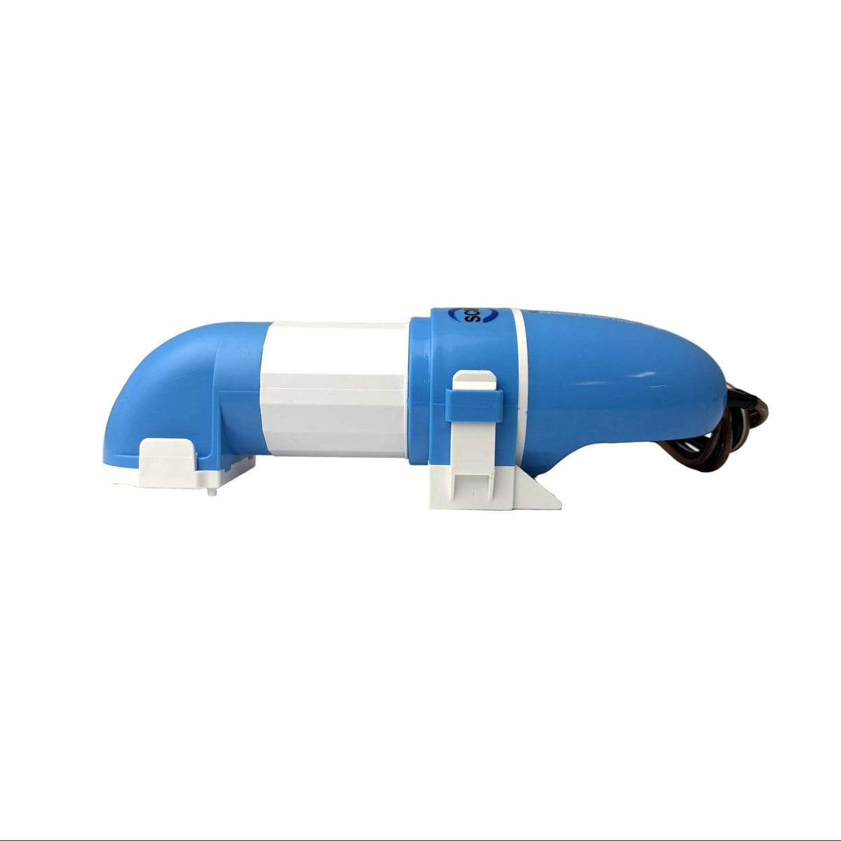 The Scintex Horizontal Bilge Pump 70 LPM Automatic Level Sensing, blue and white with a curved cylindrical design, sits on white plastic stands and a black cord at one end, set against a plain white background.