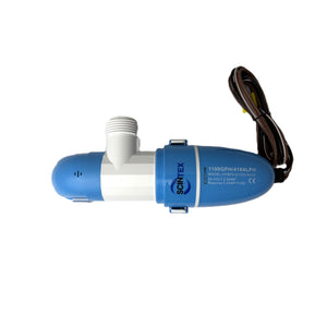 A Scintex Horizontal Bilge Pump 70 LPM Automatic Level Sensing in blue and white, with an attached electrical cord and threaded pipe outlet, is displayed on a white background.