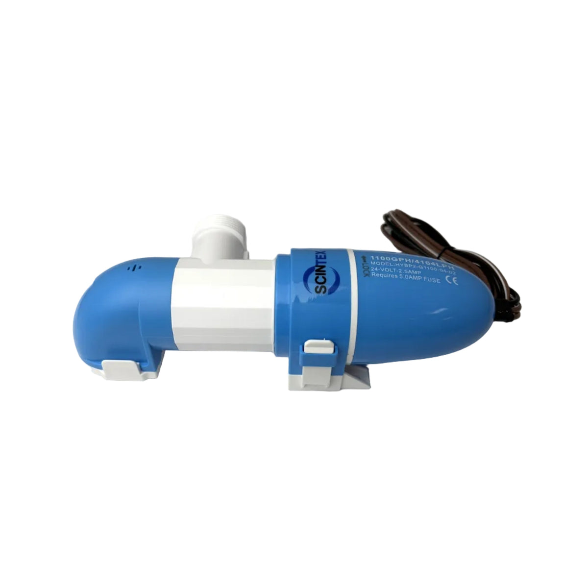 The Scintex Horizontal Bilge Pump 70 LPM Automatic Level Sensing is a blue and white, compact, cylindrical device with attached wires and a label, displayed horizontally against a white background.