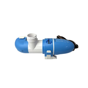 The Scintex Horizontal Bilge Pump 70 LPM Automatic Level Sensing, blue and white with a cylindrical design, top white threaded inlet, side clip, and electrical cord is shown on a plain white background.