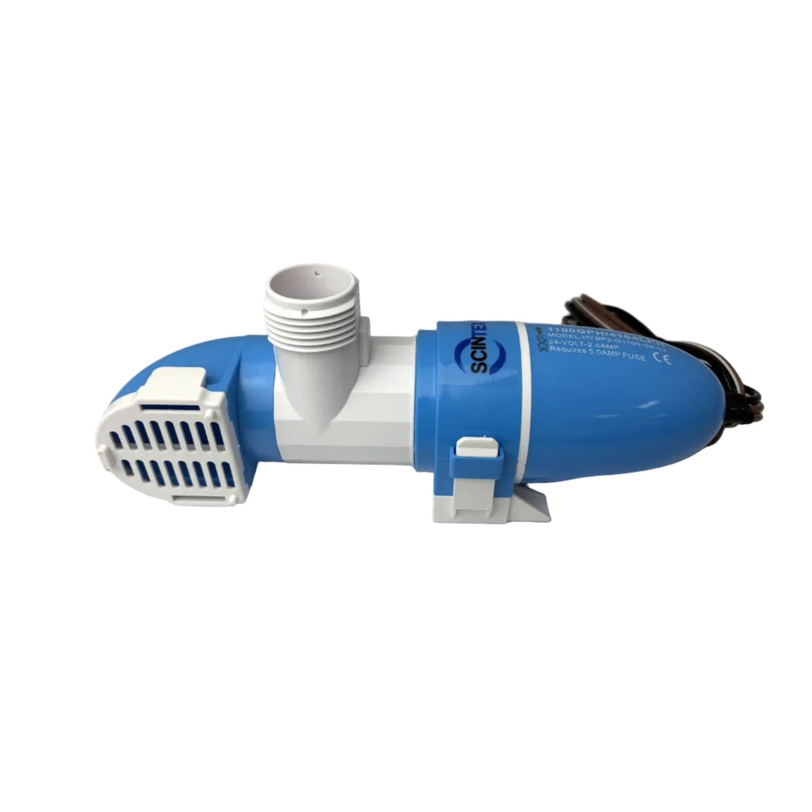 A Scintex Horizontal Bilge Pump 70 LPM Automatic Level Sensing is shown on a white background, featuring a blue and white design with an attached power cord.