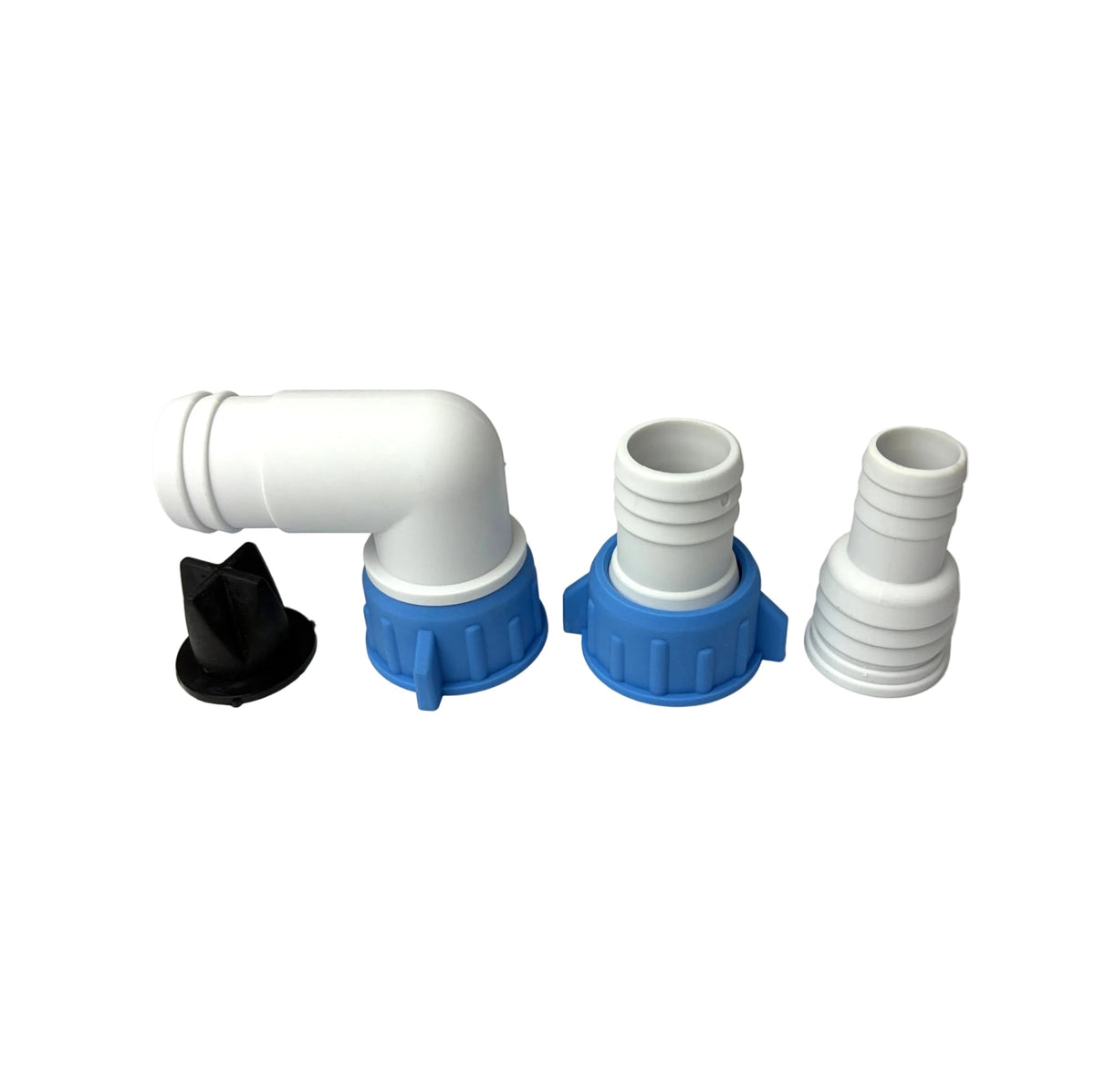 A set of white plastic hose fittings with blue threaded collars and a black cap, including an elbow and two straight connectors, for use with the Scintex Horizontal Bilge Pump 70 LPM Automatic Level Sensing, shown on a white background.