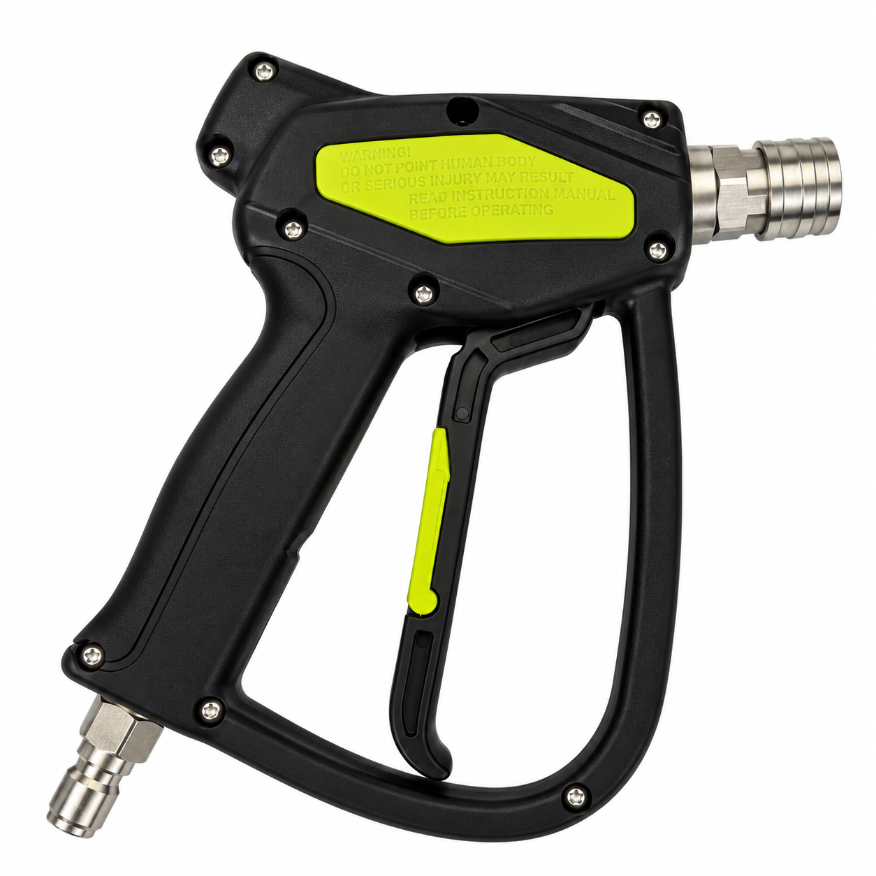 Paddock™ 5000 PSI Brass Jetting Trigger Gun, a black pressure washer trigger gun with a lime green safety warning label and brass fittings.
