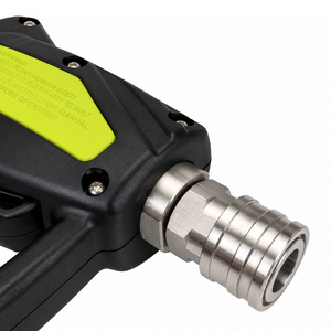 Close-up of a Paddock™ 5000 PSI Brass Jetting Trigger Gun, featuring a black high-pressure design with a metallic nozzle and a yellow safety warning label.