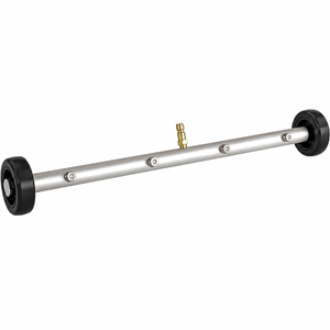 The Paddock™ Underbody Cleaning Wand 500mm (20″), by Paddock, features a metal spray bar with black wheels on each end, four spray nozzles along the bar, and a central brass connector. Designed as a pressure washer attachment for use as an undercarriage or underbody cleaning wand for vehicles, it is shown isolated on a white background.