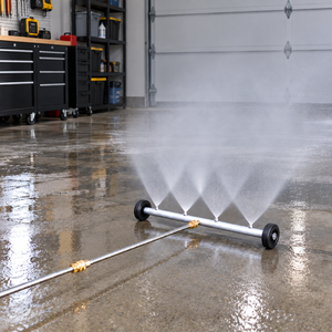 A Paddock™ Underbody Cleaning Wand 500mm (20″) from Paddock releases multiple water jets onto a wet garage floor, connected to a hose, with shelves and a closed garage door visible in the background.
