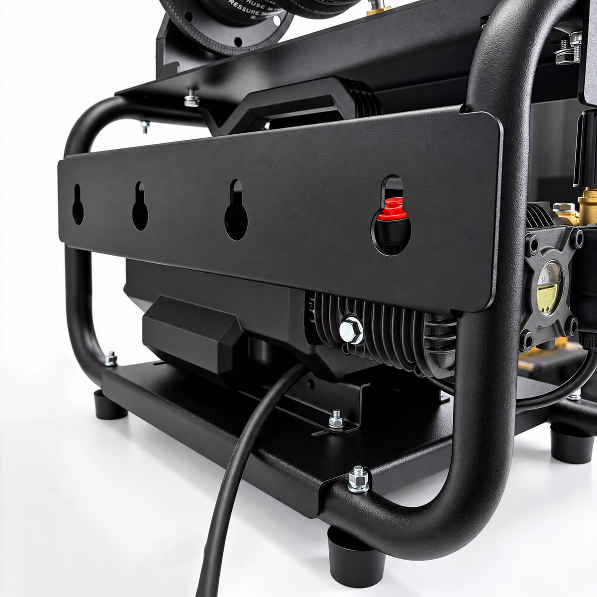 Black wall-mountable Paddock™ 1,450 PSI Pressure Washer with Hose Reel featuring a high-pressure hose and mounting bracket.