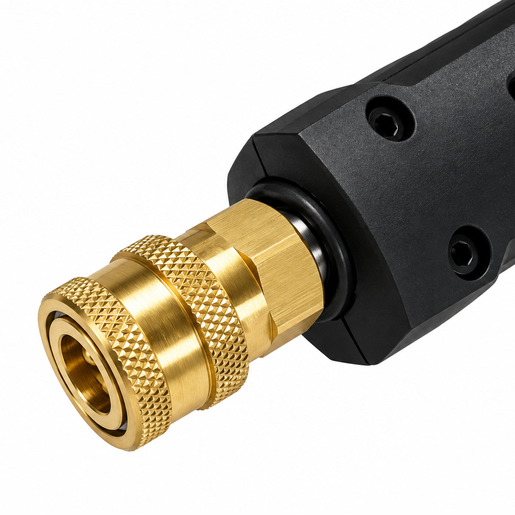 Brass quick-connect nozzle attached to the handle of a Paddock™ 1,450 PSI Wall Mountable Pressure Washer.