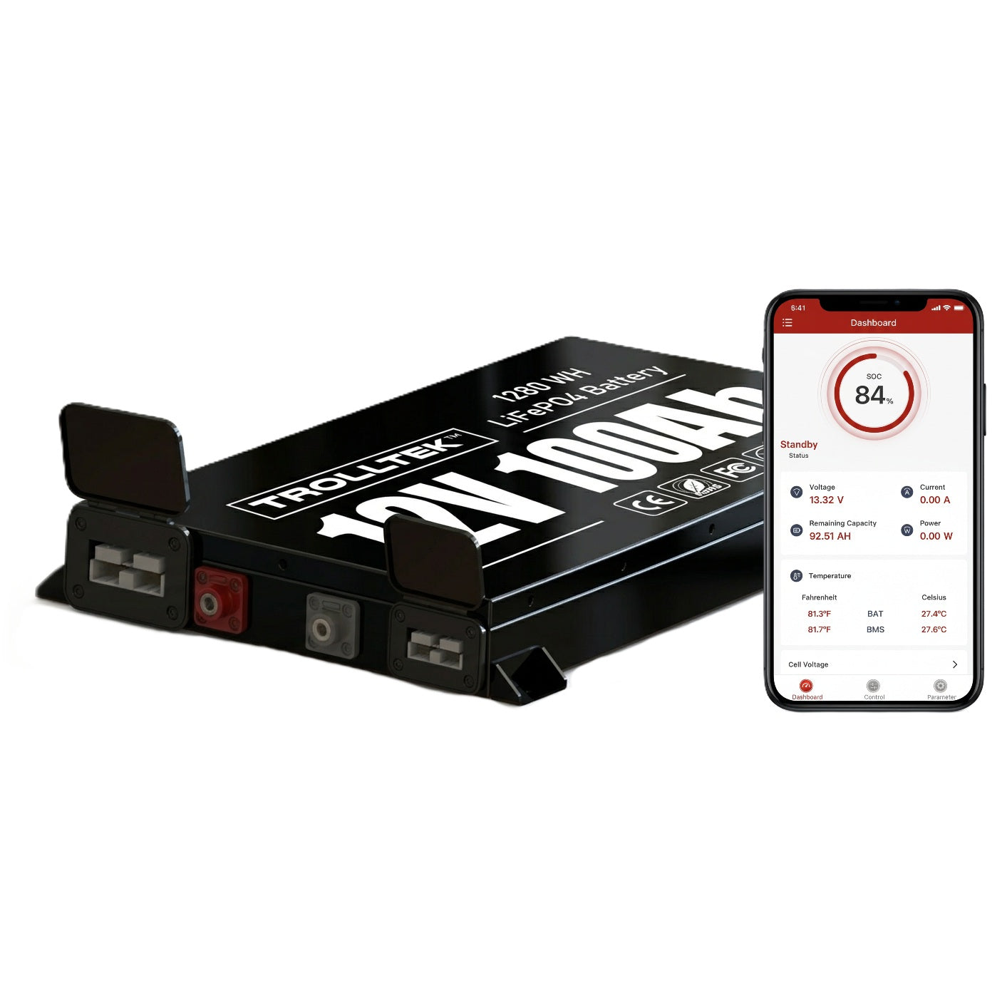 Trolltek™ 12V LiFePO4 Super Slimline Lithium Battery with Bluetooth app