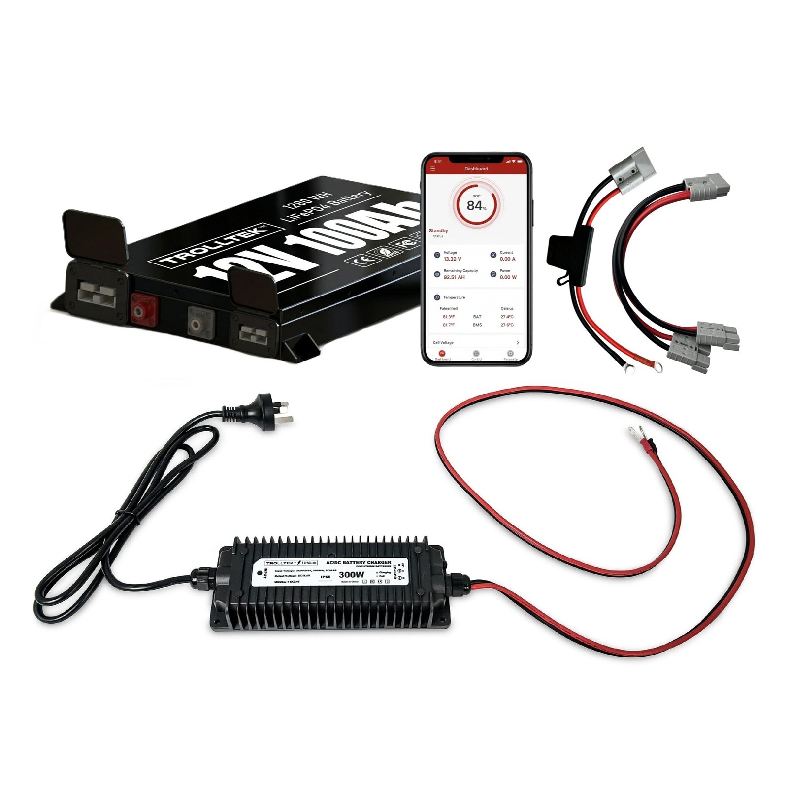 Trolltek™ 12V LiFePO4 Lithium Slimline Battery AC Bundle – Charge From 240V Power (AC)